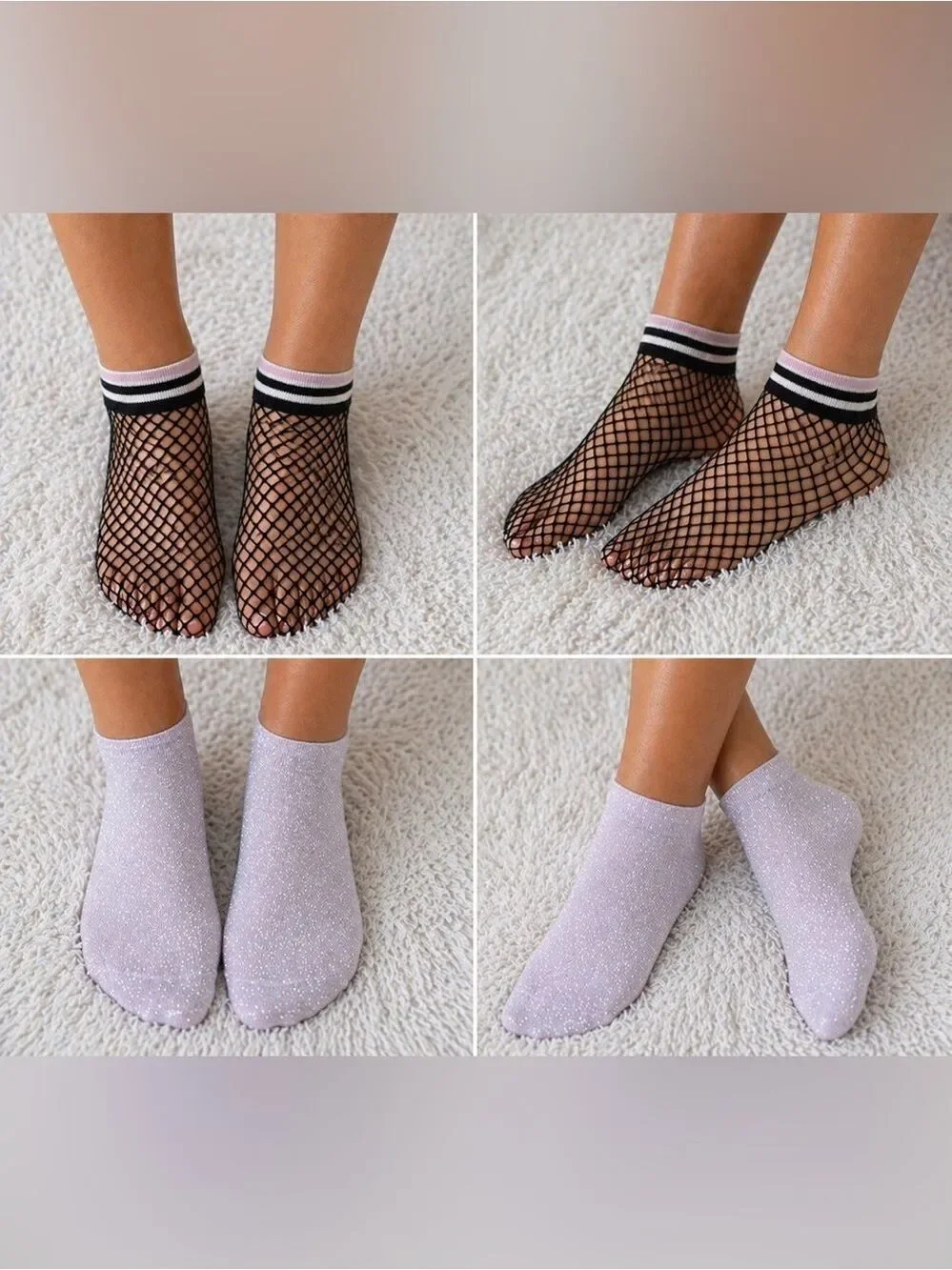 Mixit Anklet Socks 2-Pack | Black Fishnet + Light Purple Shimmer